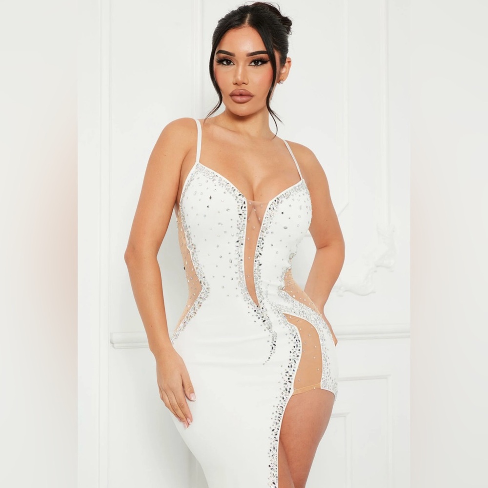 SOLD OUT EMBELLISHED MAXI WHITE DRESS ASYMMETRICAL SEXY SIZE S